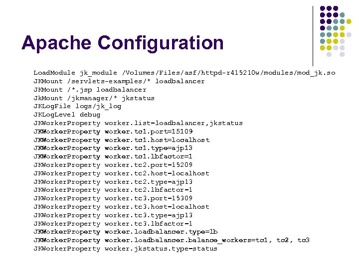 Apache Configuration Load. Module jk_module /Volumes/Files/asf/httpd-r 415210 w/modules/mod_jk. so JKMount /servlets-examples/* loadbalancer JKMount /*.