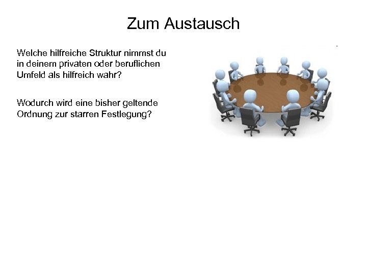 Zum Austausch Welche hilfreiche Struktur nimmst du in deinem privaten oder beruflichen Umfeld als