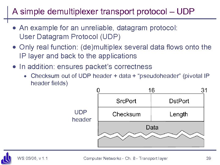 A simple demultiplexer transport protocol – UDP · An example for an unreliable, datagram