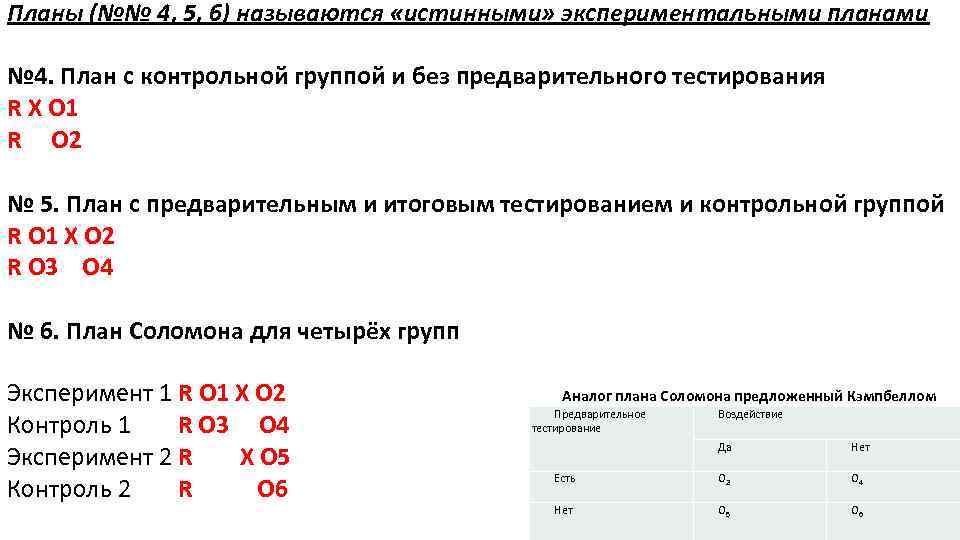 План соломона для 4 групп пример эксперимента