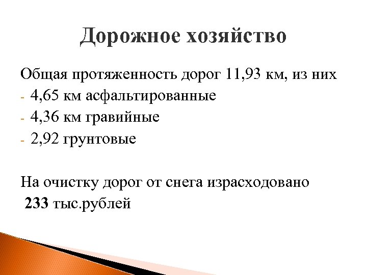 Дорожное хозяйство Общая протяженность дорог 11, 93 км, из них - 4, 65 км