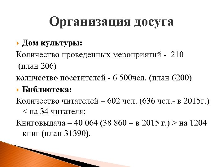 Организация досуга Дом культуры: Количество проведенных мероприятий - 210 (план 206) количество посетителей -