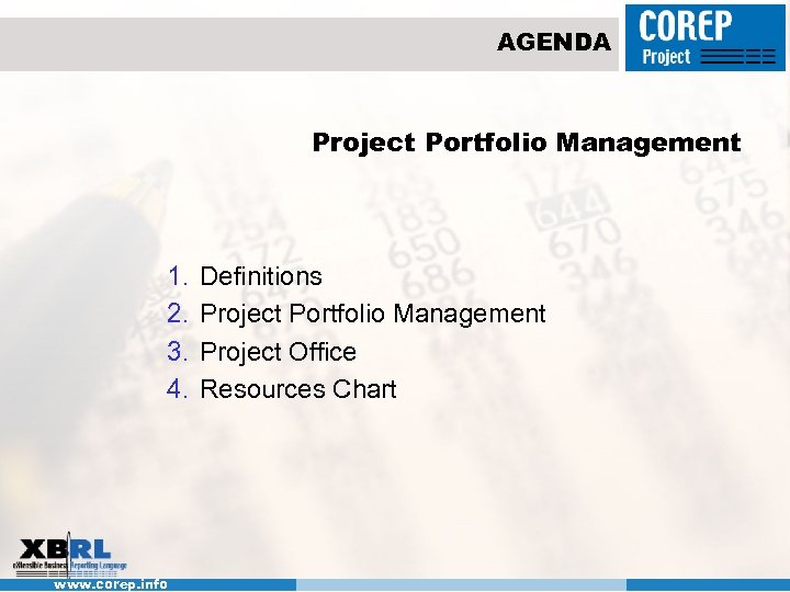 AGENDA Project Portfolio Management 1. 2. 3. 4. www. corep. info Definitions Project Portfolio