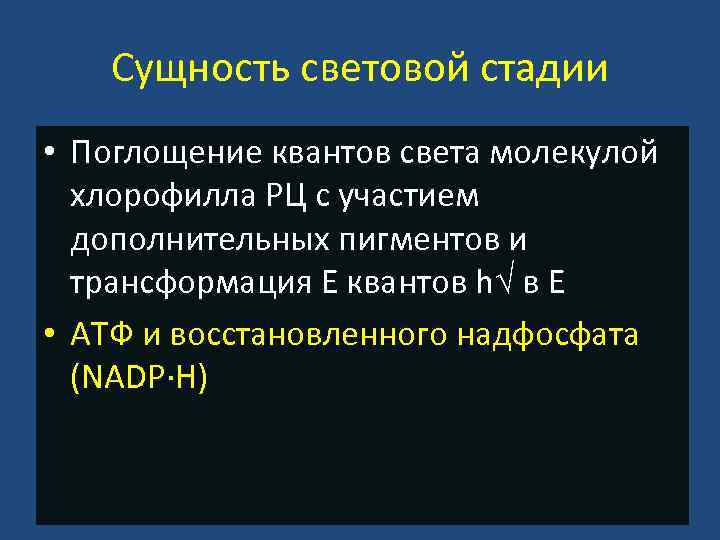 Сущность световой стадии • Поглощение квантов света молекулой хлорофилла РЦ с участием дополнительных пигментов