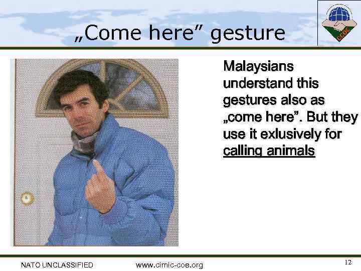 „Come here” gesture Malaysians understand this gestures also as „come here”. But they use