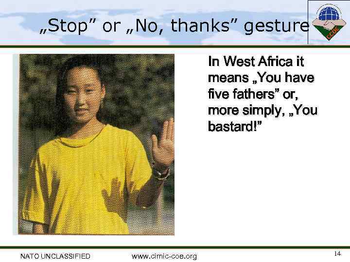 „Stop” or „No, thanks” gesture In West Africa it means „You have five fathers”