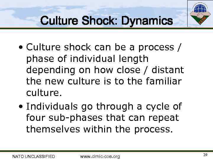 Culture Shock: Dynamics • Culture shock can be a process / phase of individual