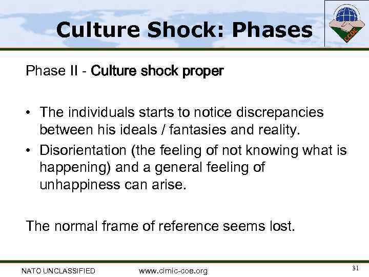 Culture Shock: Phases Phase II - Culture shock proper • The individuals starts to