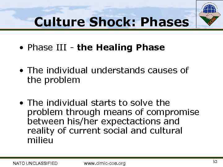 Culture Shock: Phases • Phase III - the Healing Phase • The individual understands