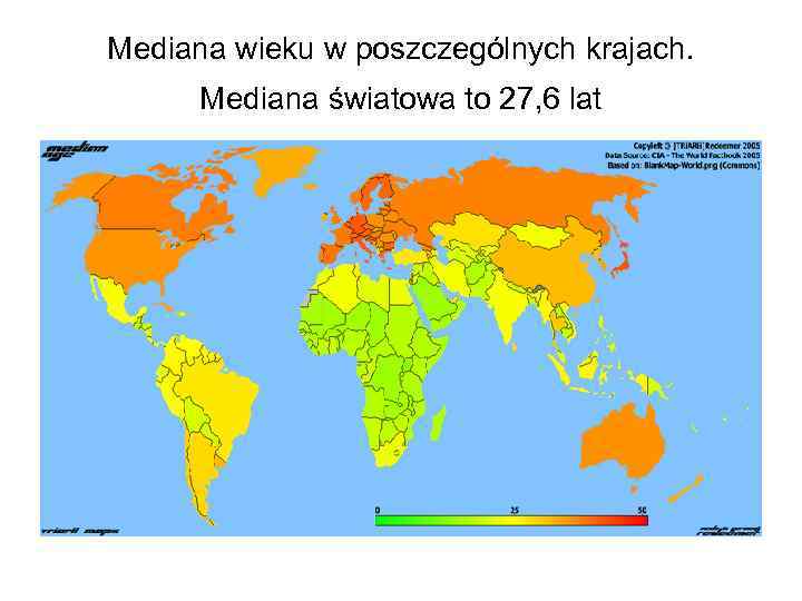 Mediana wieku w poszczególnych krajach. Mediana światowa to 27, 6 lat 