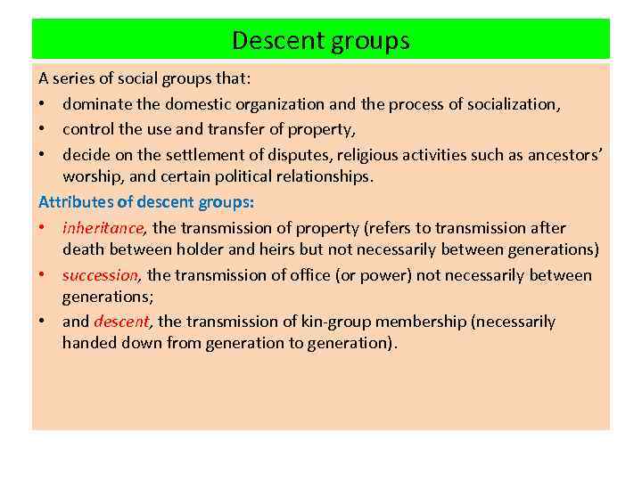 Descent groups A series of social groups that: • dominate the domestic organization and