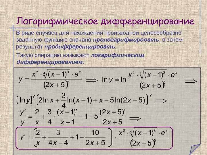 Логарифмическое дифференцирование В ряде случаев для нахождения производной целесообразно заданную функцию сначала прологарифмировать, а