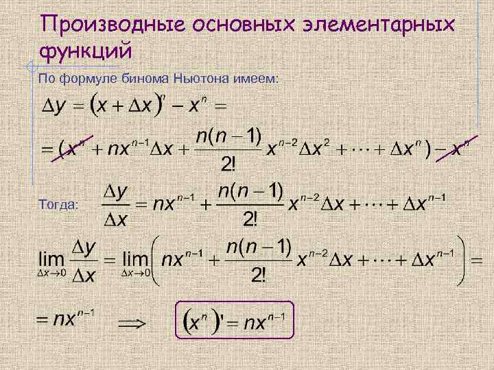 Производные основных элементарных функций По формуле бинома Ньютона имеем: Тогда: 