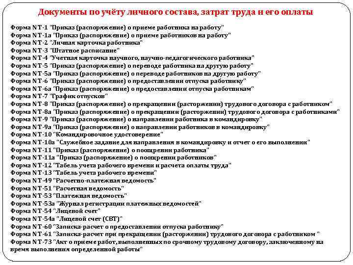 Документы по учёту личного состава, затрат труда и его оплаты Форма N Т-1 