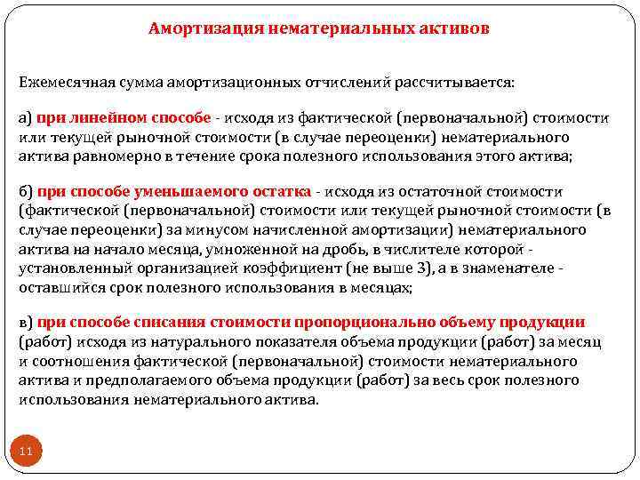Амортизация нематериальных активов Ежемесячная сумма амортизационных отчислений рассчитывается: а) при линейном способе - исходя