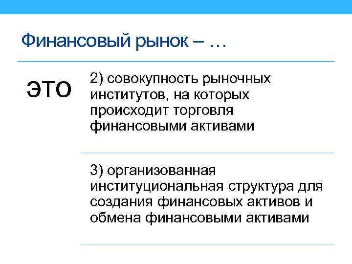 Финансовый рынок – … это 2) совокупность рыночных институтов, на которых происходит торговля финансовыми