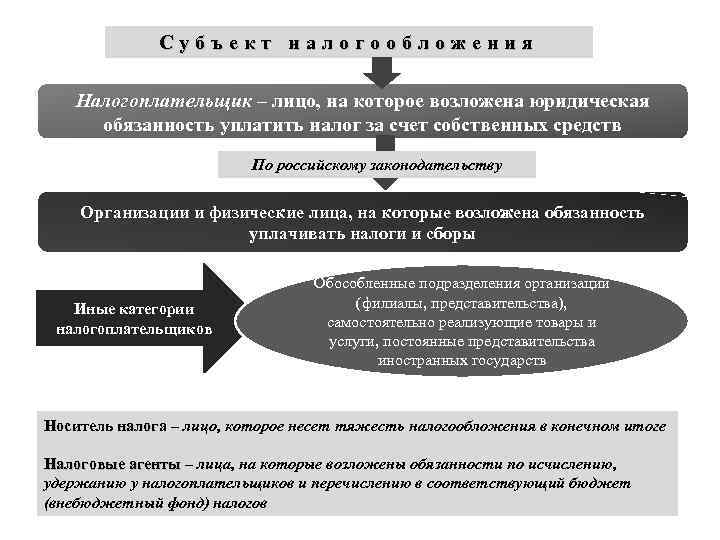 Субъект налогообложения Налогоплательщик – лицо, на которое возложена юридическая обязанность уплатить налог за счет