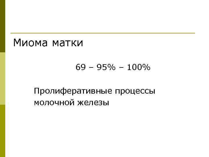 Миома матки 69 – 95% – 100% Пролиферативные процессы молочной железы 