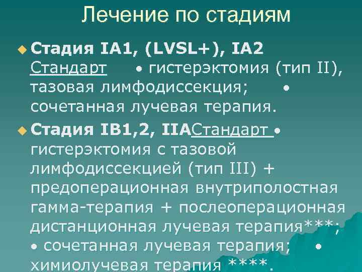 Лечение по стадиям u Стадия IA 1, (LVSL+), IA 2 Стандарт гистерэктомия (тип II),