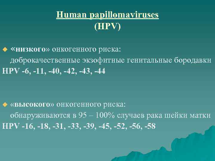 Human papillomaviruses (HPV) «низкого» онкогенного риска: доброкачественные экзофитные генитальные бородавки HPV -6, -11, -40,