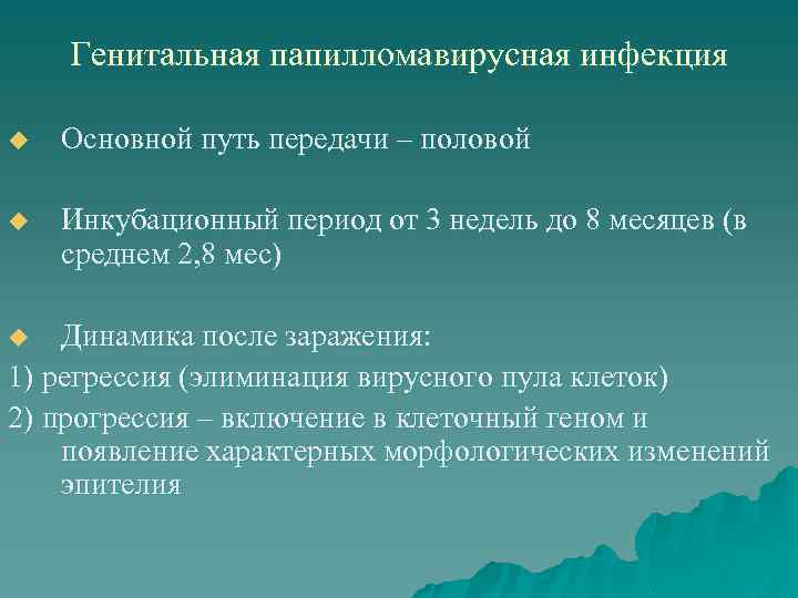 Генитальная папилломавирусная инфекция u Основной путь передачи – половой u Инкубационный период от 3