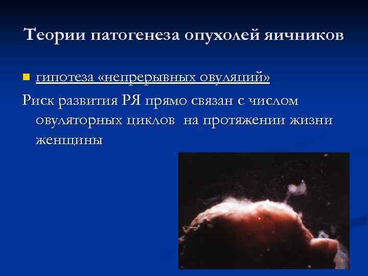 Теории патогенеза опухолей яичников гипотеза «непрерывных овуляций» Риск развития РЯ прямо связан с числом