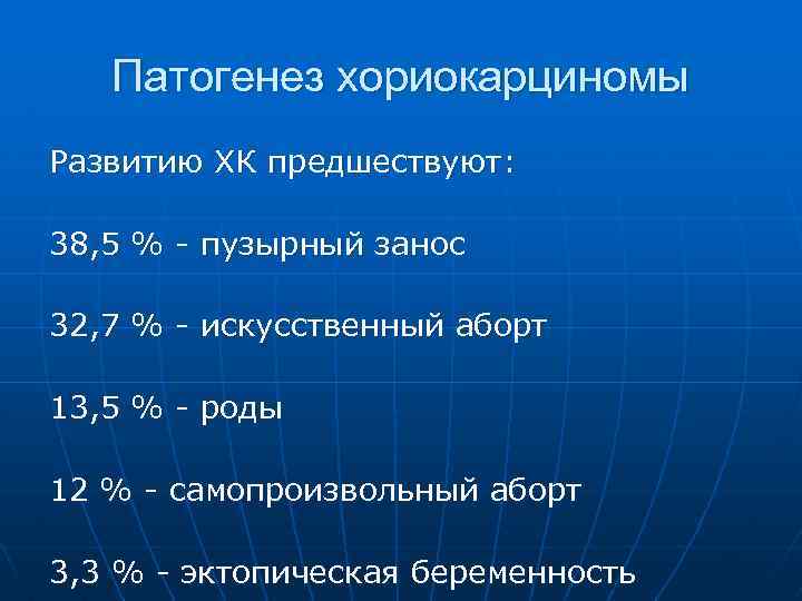 Патогенез хориокарциномы Развитию ХК предшествуют: 38, 5 % - пузырный занос 32, 7 %