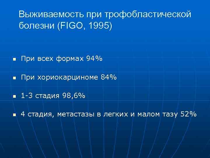 Выживаемость при трофобластической болезни (FIGO, 1995) n При всех формах 94% n При хориокарциноме