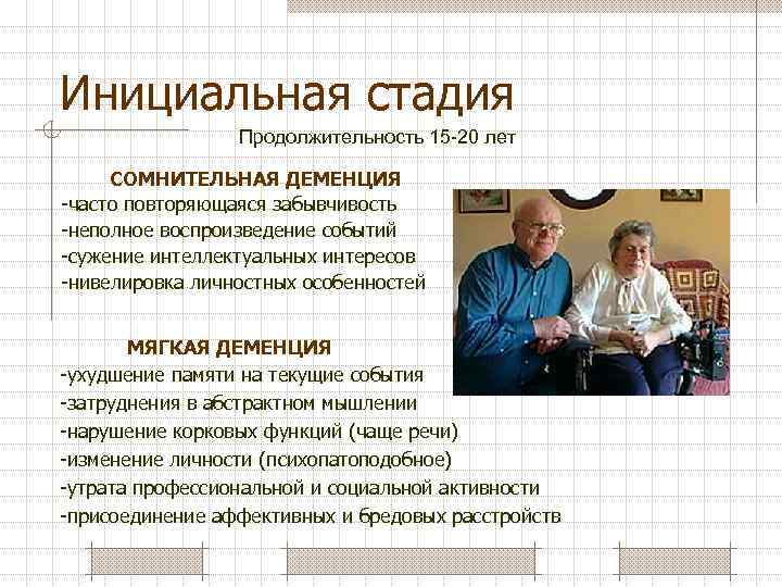 Инициальная стадия Продолжительность 15 -20 лет СОМНИТЕЛЬНАЯ ДЕМЕНЦИЯ -часто повторяющаяся забывчивость -неполное воспроизведение событий