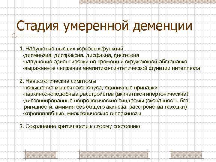 Стадия умеренной деменции 1. Нарушение высших корковых функций -дисмнезия, диспраксия, дисфазия, дисгнозия -нарушение ориентировки