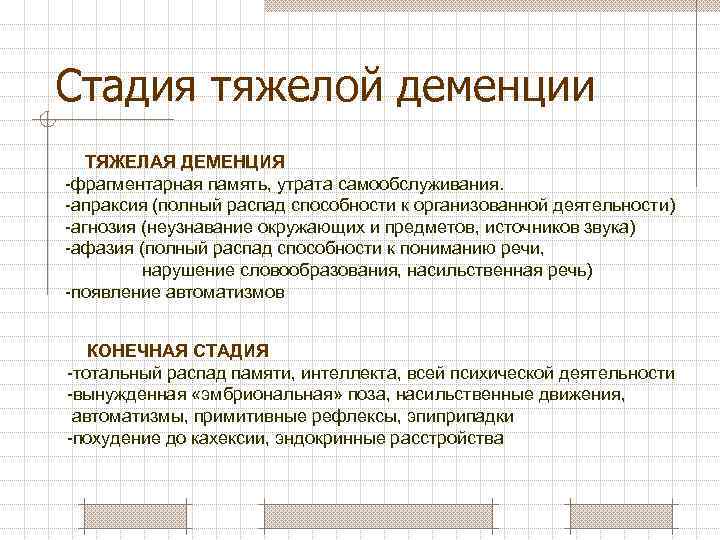 Стадия тяжелой деменции ТЯЖЕЛАЯ ДЕМЕНЦИЯ -фрагментарная память, утрата самообслуживания. -апраксия (полный распад способности к