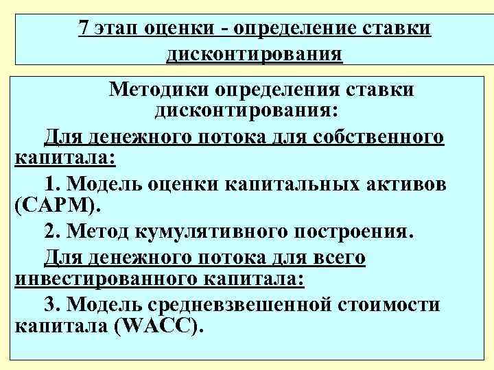 7 этап оценки - определение ставки дисконтирования Методики определения ставки дисконтирования: Для денежного потока