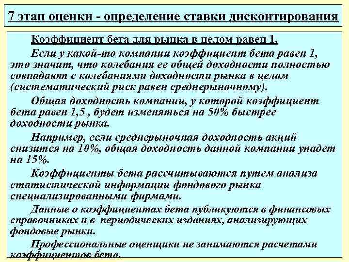 7 этап оценки - определение ставки дисконтирования Коэффициент бета для рынка в целом равен