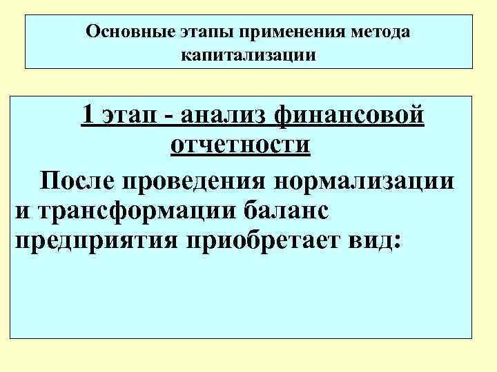 Основные этапы применения метода капитализации 1 этап - анализ финансовой отчетности После проведения нормализации