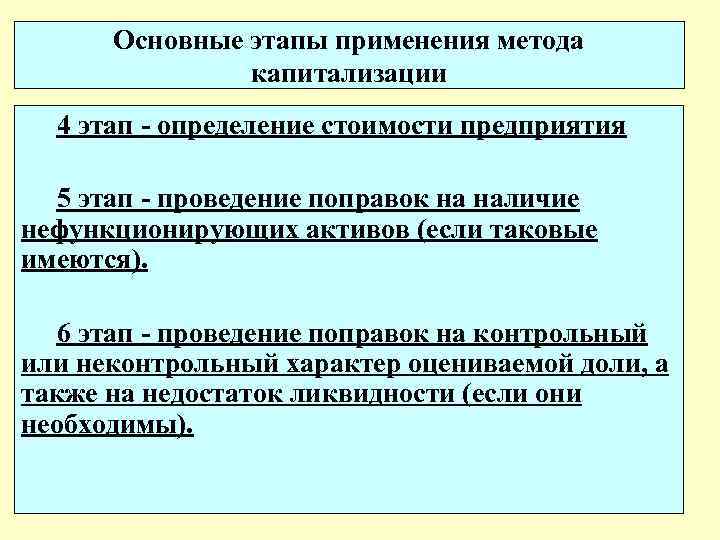 Основные этапы применения метода капитализации 4 этап - определение стоимости предприятия 5 этап -