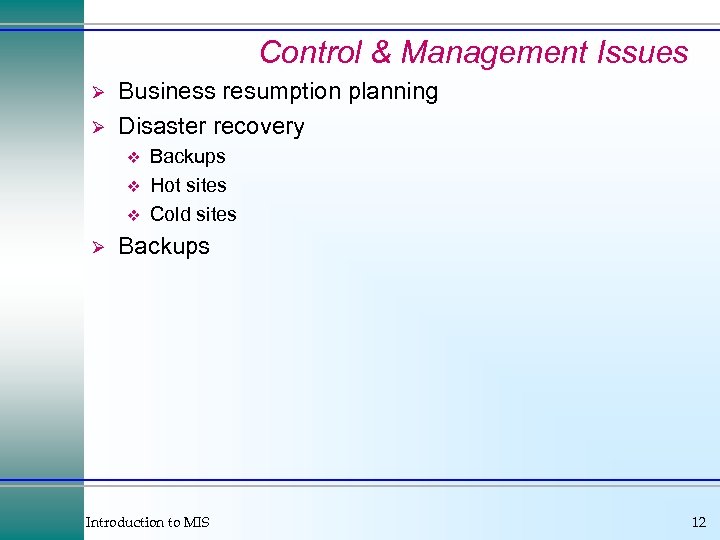 Control & Management Issues Ø Ø Business resumption planning Disaster recovery v v v