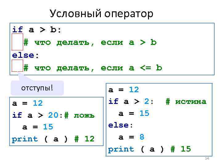 Условный оператор if a > b: # что делать, если a > b else: