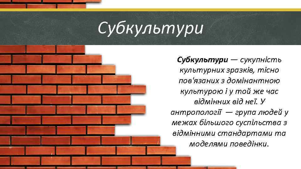 Субкультури — сукупність культурних зразків, тісно пов'язаних з домінантною культурою і у той же