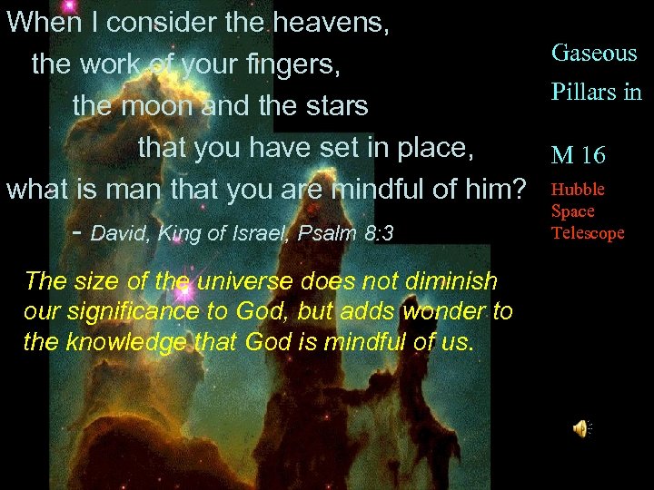 When I consider the heavens, Gaseous the work of your fingers, Pillars in the