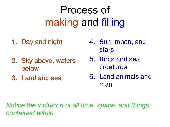 Process of making and filling 1. Day and night 2. Sky above, waters below