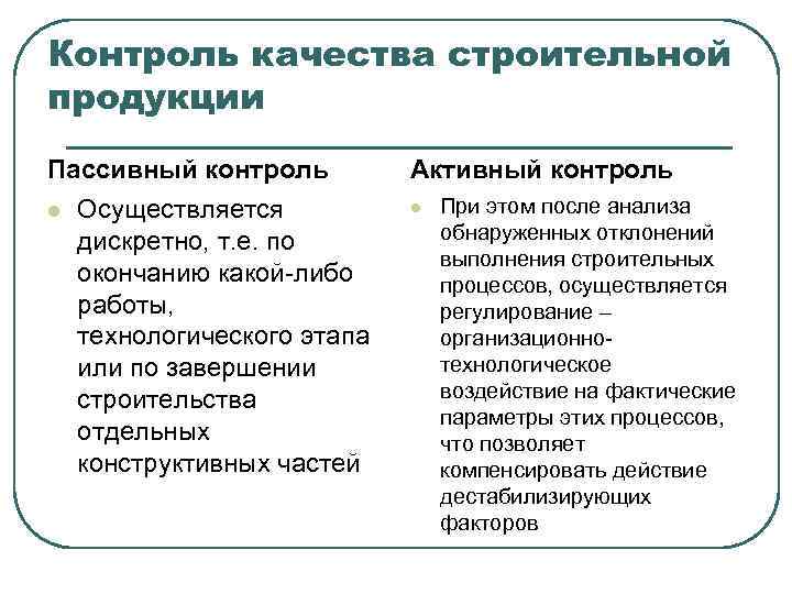 Контроль качества строительной продукции Пассивный контроль l Осуществляется дискретно, т. е. по окончанию какой-либо