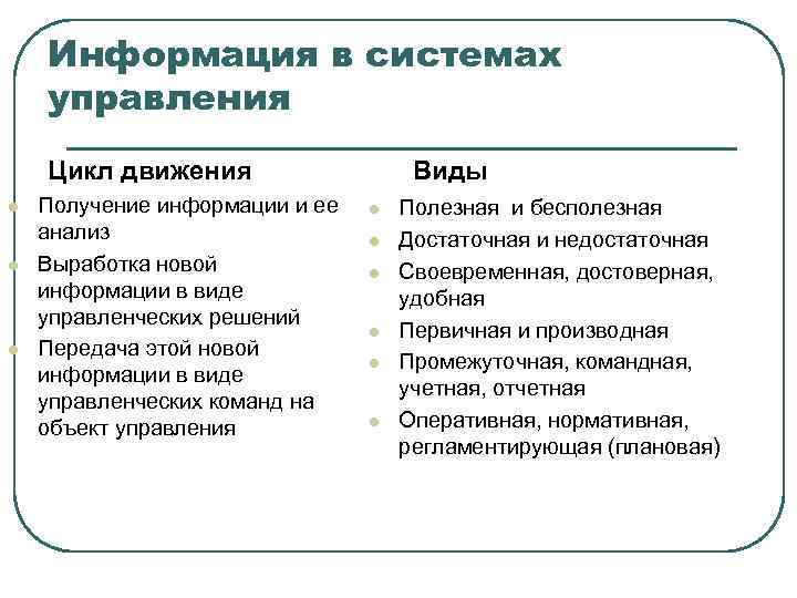 Информация в системах управления Цикл движения l l l Получение информации и ее анализ