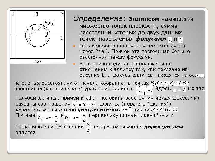 Определение: Эллипсом называется множество точек плоскости, сумма расстояний которых до двух данных точек, называемых