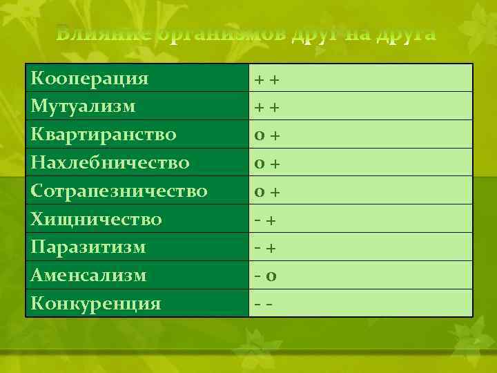 Кооперация Мутуализм Квартиранство Нахлебничество Сотрапезничество Хищничество Паразитизм Аменсализм Конкуренция + + 0 + 0