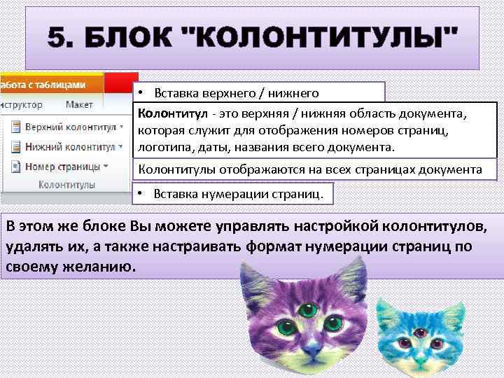 5. БЛОК "КОЛОНТИТУЛЫ" • Вставка верхнего / нижнего колонтитула. Колонтитул - это верхняя /