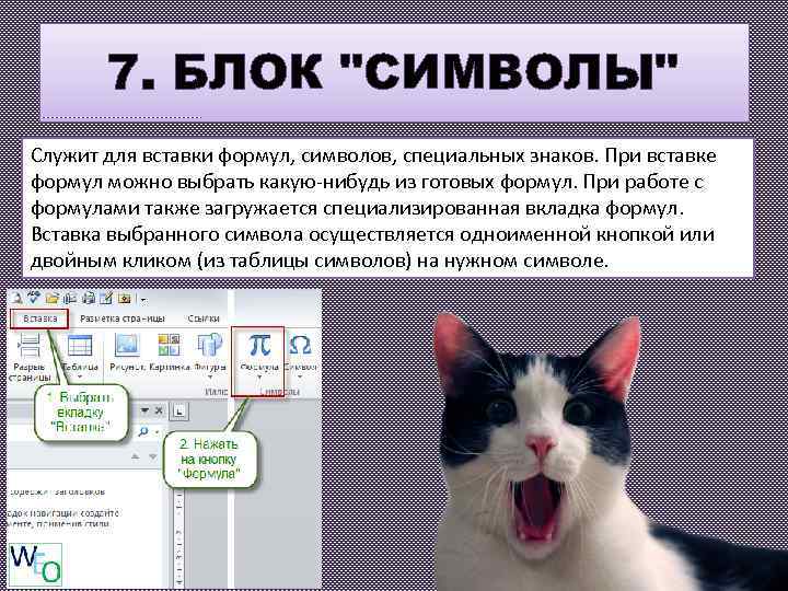 7. БЛОК "СИМВОЛЫ" Служит для вставки формул, символов, специальных знаков. При вставке формул можно