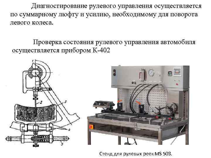 Диагностирование рулевого управления осуществляется по суммарному люфту и усилию, необходимому для поворота левого колеса.