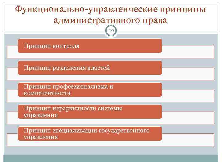 Функционально-управленческие принципы административного права 10 Принцип контроля Принцип разделения властей Принцип профессионализма и компетентности
