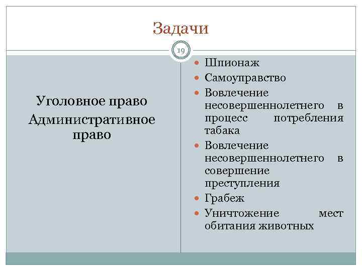 Задачи 19 Шпионаж Самоуправство Уголовное право Административное право Вовлечение несовершеннолетнего в процесс потребления табака