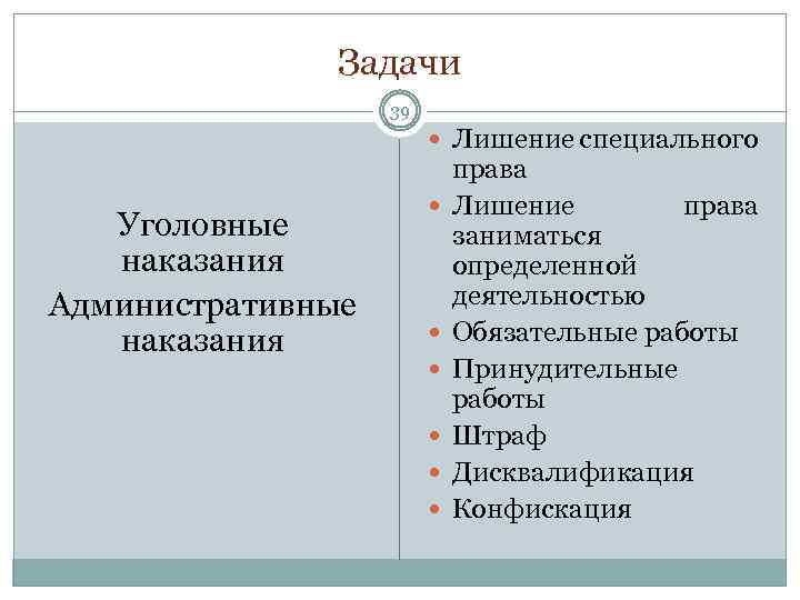 Задачи 39 Лишение специального Уголовные наказания Административные наказания права Лишение права заниматься определенной деятельностью